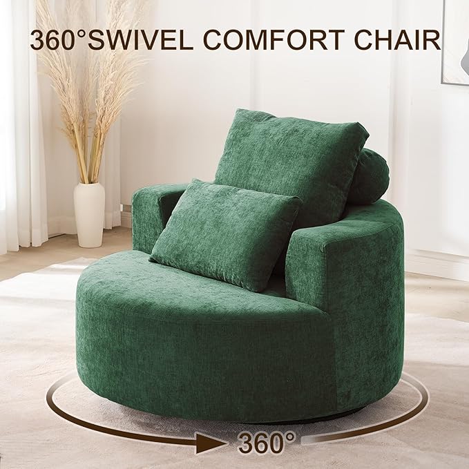 Furnimart 40" Oversized Barrel Accent Chair Set of 2, 360° Swivel Round Upholstered Sofa, Chenille High-Resilience Sponge, No Assembly, Wide Seat for Living Room, Bedroom, Apartment (Green)