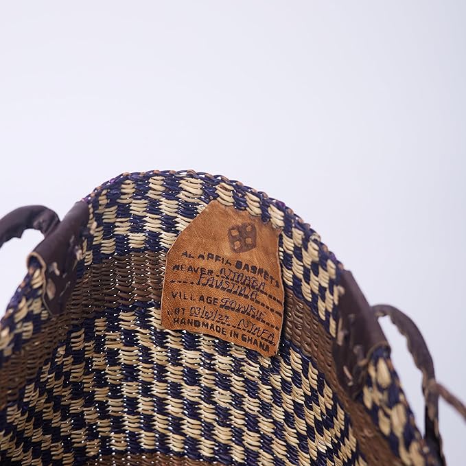 AYÉYA Handwoven African Shoulder Tote Basket – Large Market Bag with Leather Straps – One-of-a-Kind Wicker Garden, Harvest, or Shopping Basket – Handmade in Ghana