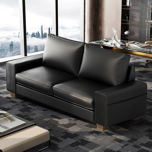 Faux Leather Couch, Mid Century Modern Comfy Loveseat Sofa with Wide Arm, Side Pockets, Solid Wooden Frame for Office, Living Room and Bedroom, 3 Seater (Black, 88.58 inches)