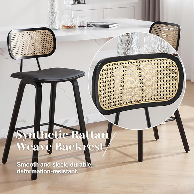 Counter Height Bar Stools Set of 3, PU Leather Upholstered Rattan Barstools, 26" Mid Century Modern Bar Chairs with Black Wood Legs, Armless Kitchen Island Dining Bar Chair, Black