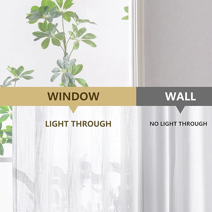 MYSKY HOME Floor to Ceiling Curtains 108 Inches White Sheer Window Drapes 2 Panel Sets Pinch Pleated Draperies Linen Look Boho Fabric, Soft Cotton Blend Light Filtering for Living Room, 40W x 108L