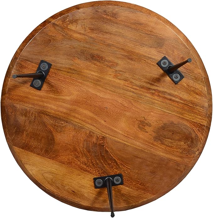 The Urban Port Round Mango Wood Coffee Table with Splayed Metal Legs, Brown and Black, 30 in x 30 in x 16 in
