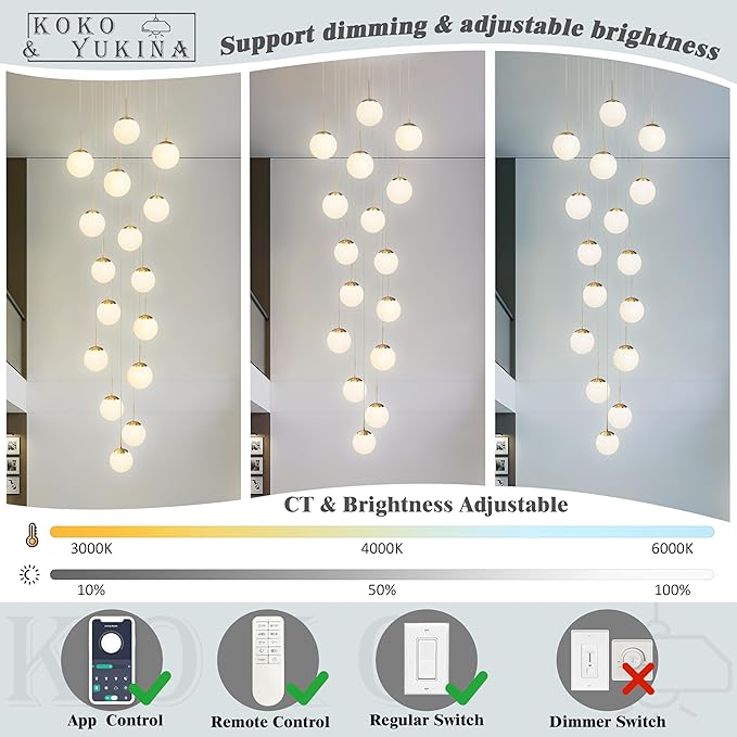 KoKo&Yukina 16-Light Gold Mid Century Modern Chandelier for Living Room Staircase Chandelier for Entryway Globe Milky White Glass Pendant Light High Ceiling Chandeliers Foyer (Bulb & Remote Incl.)