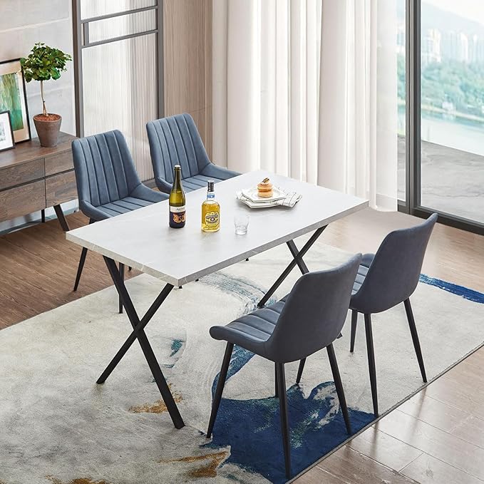 TUKAILAi Faux Leather Dining Chairs Set of 6, Modern Linear Design Kitchen Chairs with Upholstered Seat and Metal Legs, Comfortable Side Chairs for Dining Room Restaurant Commercial (Blue)