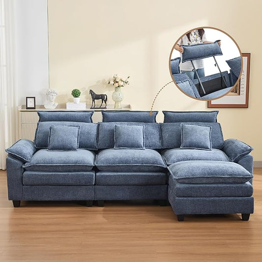 103'' Cloud Modern 3 Seater Couch with Detachable Headrest, Modular Sectional Sofa with Ottoman, Oversized L Shape Chenille Comfy Sofa with Armrests for Living Room, Blue