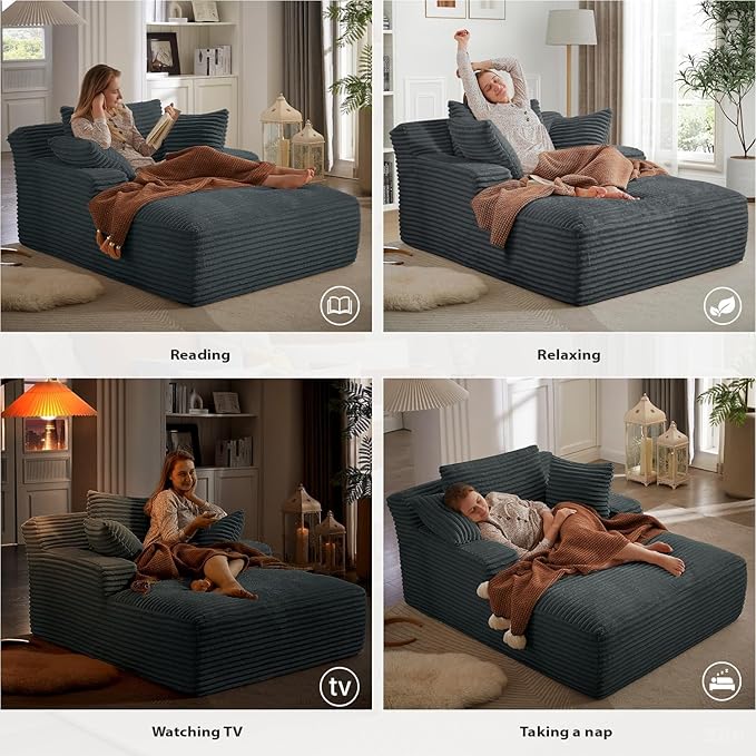 Oversized Chaise Lounge Chair Indoor, Corduroy Sofa Bed with Throw Pillows, Cozy Cloud Couch, Upholstered Sleeper Sofa Couch for Living Room, Bedroom, Apartment, Dark Gray
