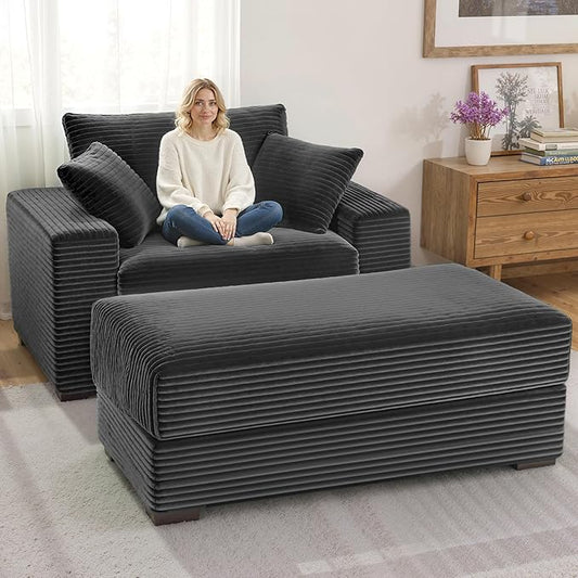 Indoor Chaise Lounge Chair With Storage Ottoman, Modern 60-Inch Lounge Sofa Chair With Wide Armrests & 4 Pillows, Oversized Comfy Reading Lounger For Living Room, Bedroom（Wide-Rib Corduroy Grey)