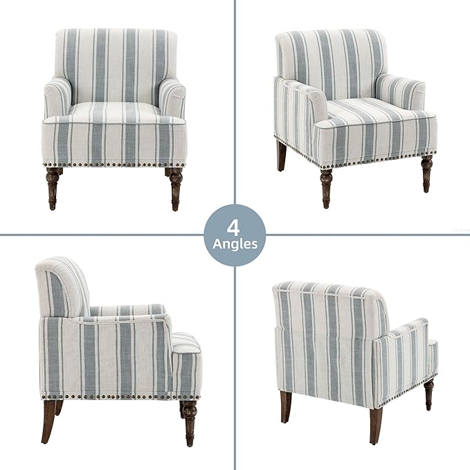 Modern Accent Chair with Arms,2 Set Mid Century Stripe Armchair for Living Room,Comfy Linen Fabric Single Sofa for Apartment Bedroom,Comfortable Cushioned Seat for Reading Home Office-Blue Stripe