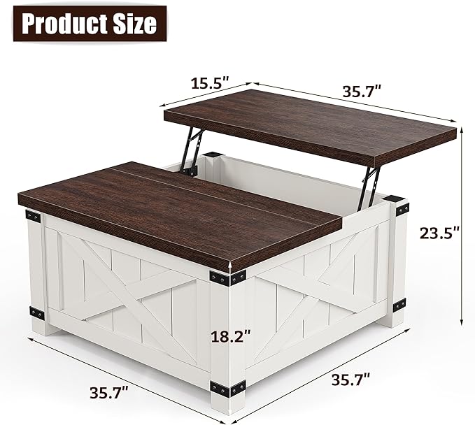 EnHomee Lift Top Coffee Table with Storage, 35.7" W Square Coffee Tables for Living Room, Small Coffee Table with Large Hidden Space, for Living Room, Bedroom, Home Office, White