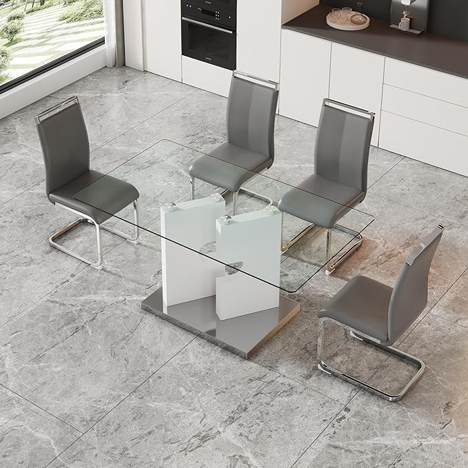 Glass Dining Table Set of 4, 63" Dinner Room Glass Table Set for 4, Modern Kitchen Dinner Table Set with 4 Upholstered Faux Leather Dining Chairs for Living Dining Office Room