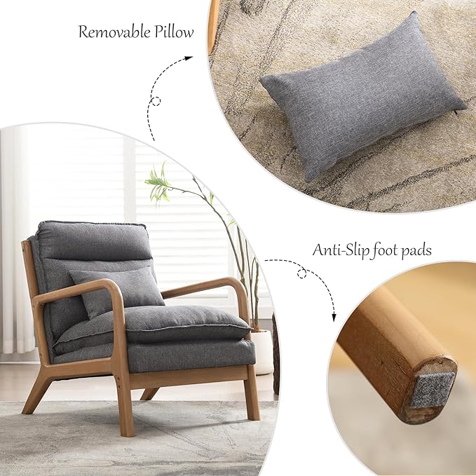 INZOY Accent Chairs Set of 2, Mid Century Modern Accent Chair with Wood Frame, Upholstered Reading Armchair with Waist Cushion, Side Chair for Living Room Bedroom Office, Easy Assembly, Grey