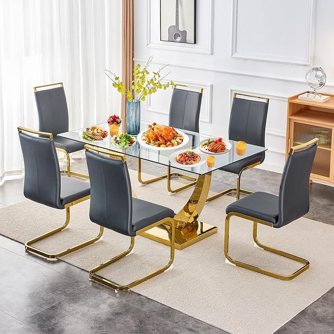 63” Glass Dining Table Set for 6,Gold Dining Room Table Set for 6,Modern Kitchen Table and PU Leather Chairs for 6, Dinner Table with Rectangle Tempered Glass Top and Golden Base