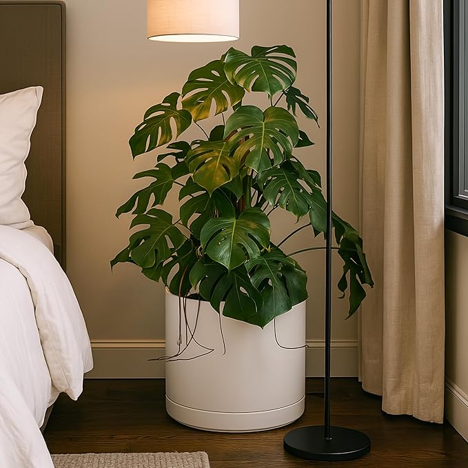 D'vine Dev 14 Inch Ceramic Planter Pot with Drainage Hole and Saucer, Indoor Cylinder Round Planter Pot, Oatmeal, 94-O-G-8