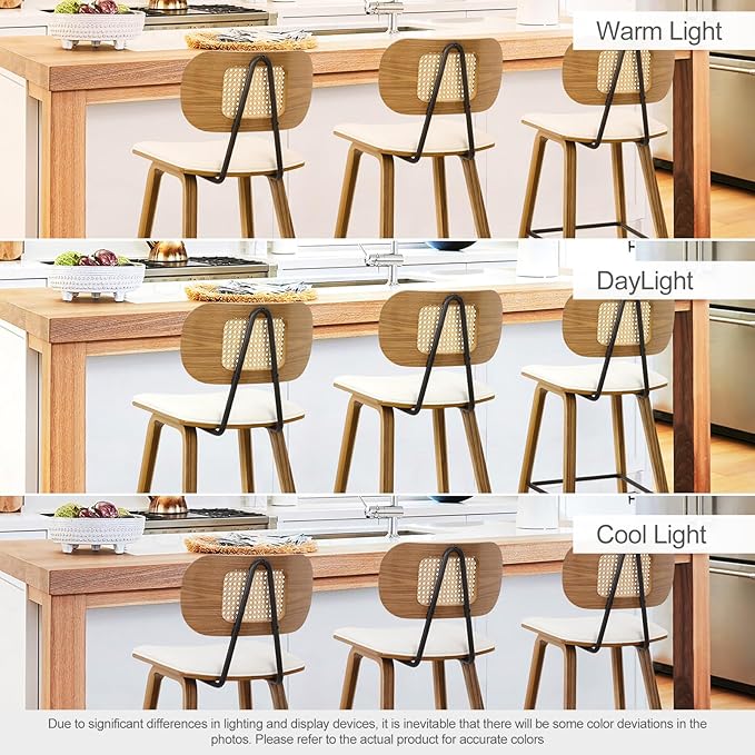 Counter Height Bar Stools Set of 4, 26" Mid Century Modern Rattan Bar Stools for Kitchen Counter PU Leather Upholstered Barstool with Wood Legs, Counter Height Island Stool Chair, Cream White & Walnut