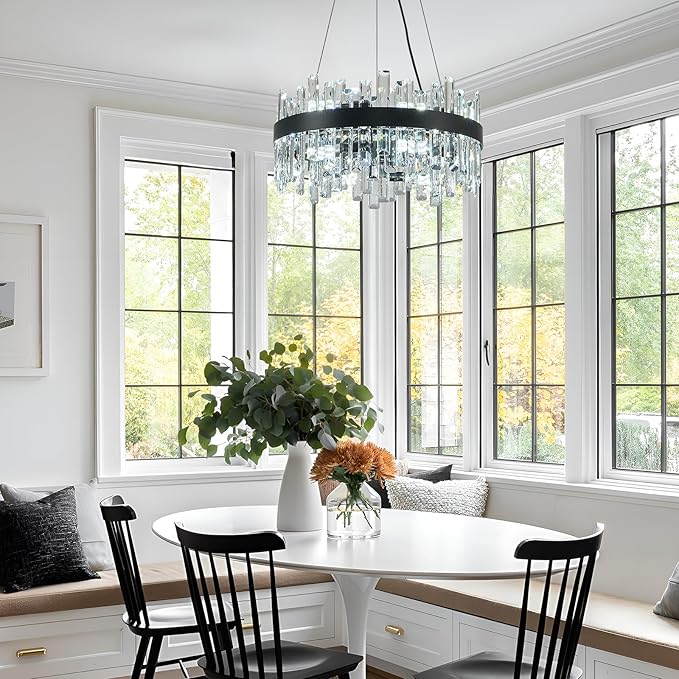 Round Crystal Chandeliers, D19.7 inch 12-Light Black Chandelier Lighting Fixture, Height Adjustable Pendant Ceiling Light for Living Room Dining Room Bedroom