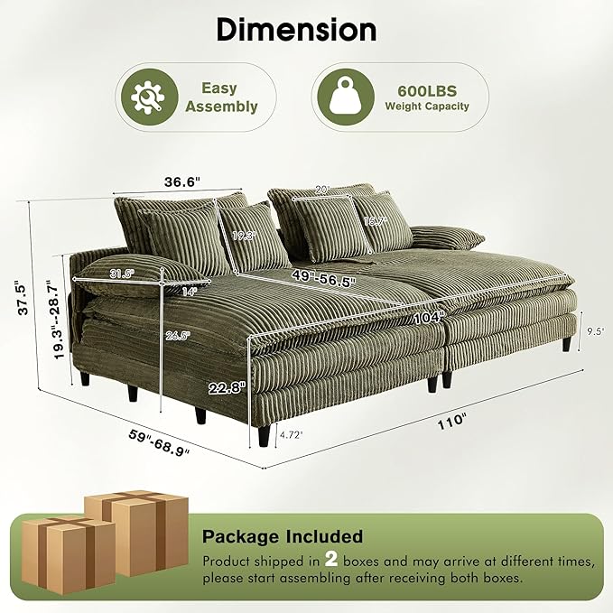 110" W Oversized Double Chaise Lounge Sofa Couch, Corduroy Sleeper Sofa Bed with Adjustable Backrest, Modern Upholstered Cloud Couch with Deep Seat & Pillows for Living Room, Green