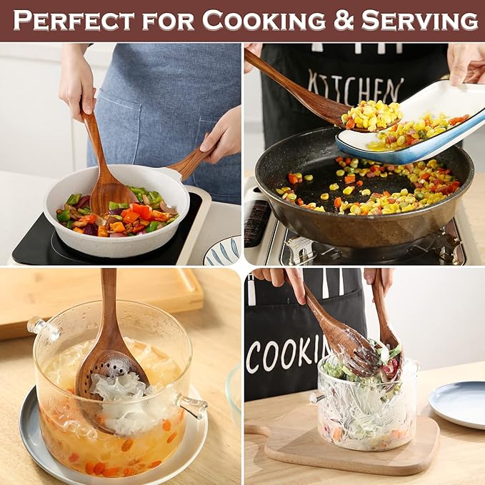 Wooden Spoons for Cooking, 6 Pcs Wooden Utensils for Cooking, Natural Teak Wood Non-Stick Cooking Spoons, Wood Utensils Set for Kitchen