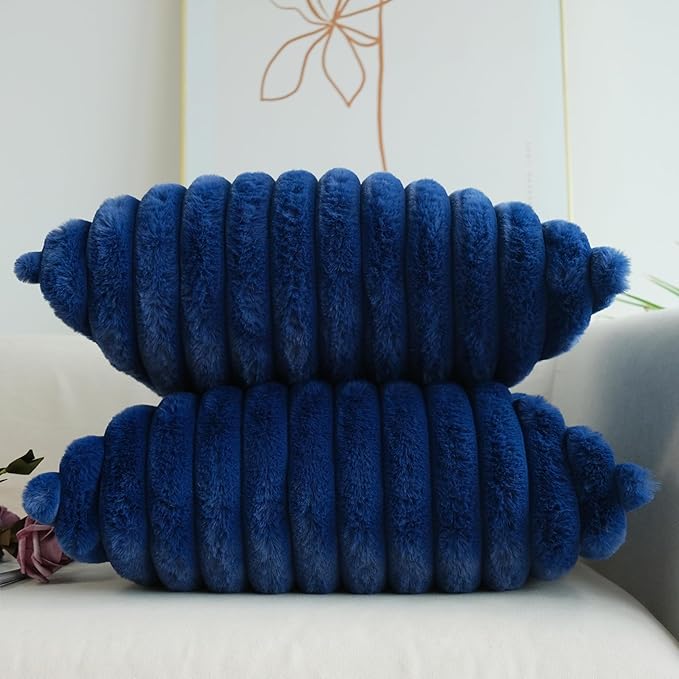 JOJUSIS Pack of 2 Faux Fur Plush Decorative Throw Pillow Covers Couch Cushion Case Soft Pillowcases (Navy Blue, 18 x 18-Inch)