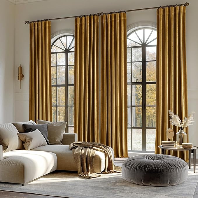 MIULEE Velvet Curtains 96 inches - Luxury Room Darkening Curtains for Bedroom Living Room Thermal Insulated Super Soft Window Drapes Rod Pocket & Back Tab, Gold, W52 x L96 inches, 2 Panels