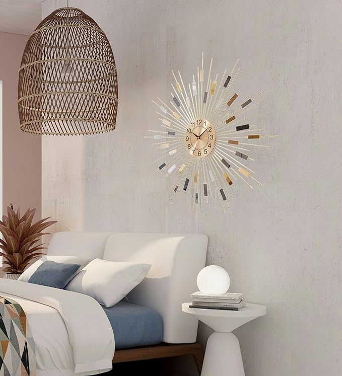 Wall Clock 23.6 Inch Large - Gold Starburst Sunburst Design, Mid Century Modern Metal Battery Operated Silent Decorative Clock for Living Room Bedroom Office