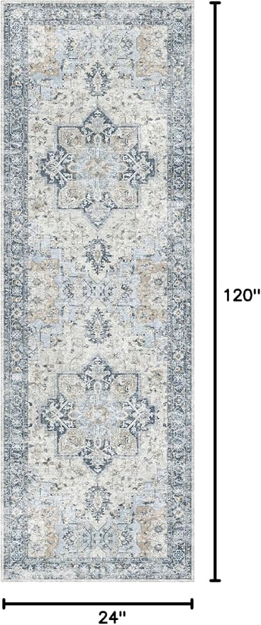 GENIMO Runner Rug 2x10, Machine Washable Vintage Runner Carpet, Non Slip Hallway Rug, Low Pile Lightweight Rugs for Entryway, Hallway, Kitchen and Corridor, Blue