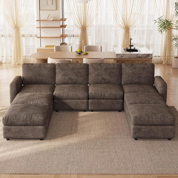 8-Seat Modular Sectional Sofa Couch with 4 Storage Ottomans, Convertible Sleeper Sofas Set for Living Room Bedroom Apartment, Recliner Velvet Comfy Furniture Couch, Brown