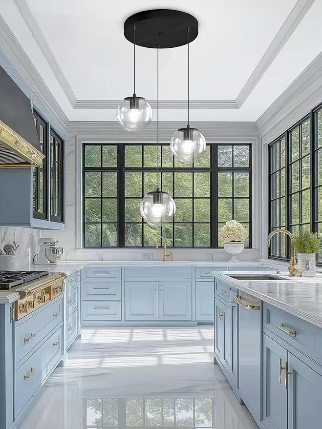 Globe Glass Pendant Light Modern Black Clear Globe Glass Chandelier Mid Century Chandelier 3-Light Hanging Fixture for Kitchen Island Foyer Hallway Dining Room