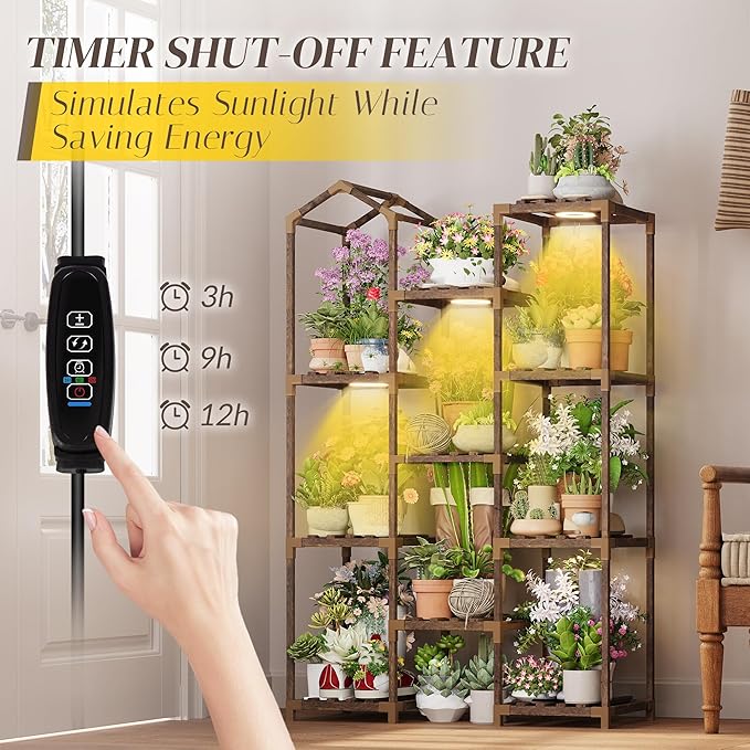 Wooden Plant Stand with Grow Light, 4-Tier Indoor Ladder Shelf with Roof Design, Carbonized Wood Rack for Balcony, Corner, or Living Room, Space-Saving Decorative Holder