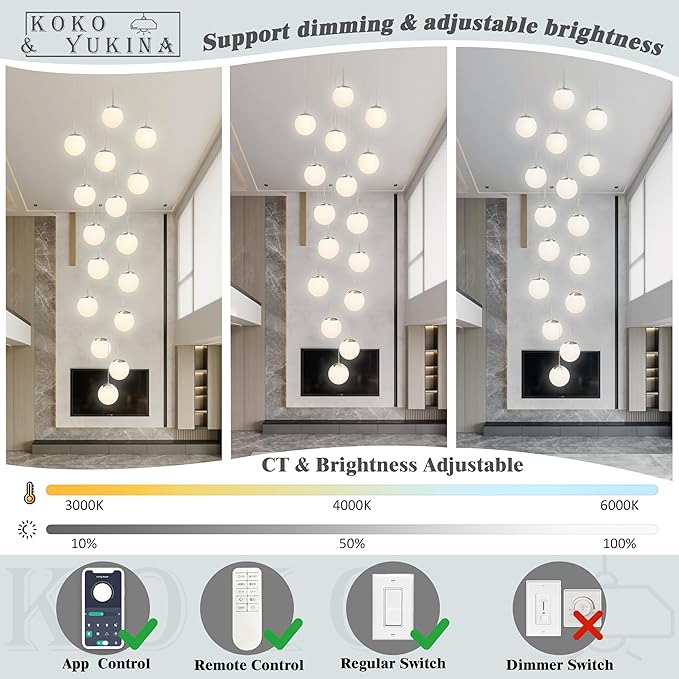 KoKo&Yukina 16-Light Nickel Mid Century Modern Chandelier for Living Room Staircase Chandelier for Entryway Globe Milky White Glass Pendant Light High Ceiling Chandeliers Foyer (Bulb & Remote Incl.)