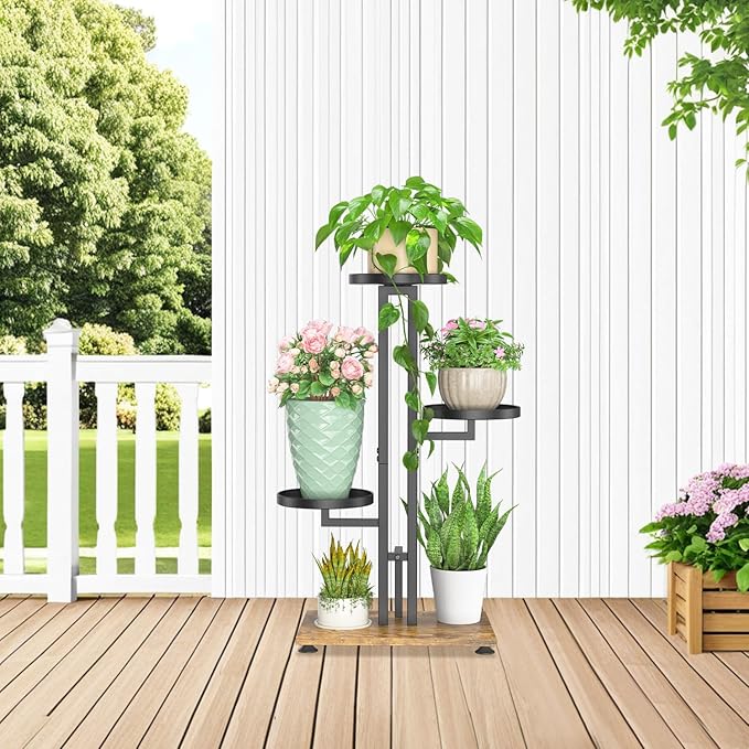 LASZOLA Black 3 Tiered Plant Stand Indoors Heavy Duty Metal Rack, Sturdy Multi Level Shleving Hold Flowers, Larger House Decorate Ladder for Planting Inside Tree Herb Cactus, Wooden Base, Space Saving