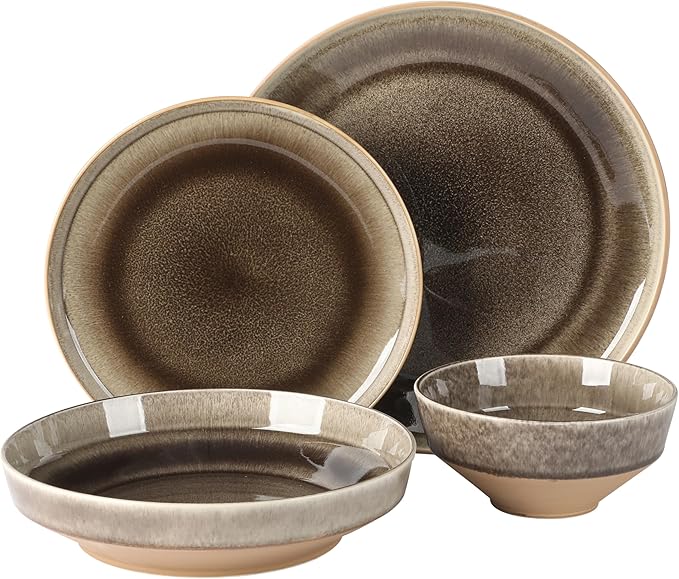 Gibson Elite Hailstone 16 Piece Stoneware Reactive Glaze (Service for 4) Ceramic Plates and Bowls Dinnerware Set - Black