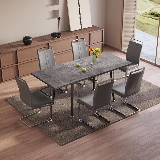 7 Piece Dining Table Set for 6-8,55-71" Extendable Dining Table Set with 6 Upholstered Chairs,Rectangle Kitchen Table Set for Small Space,Dining Room and Office,Grey