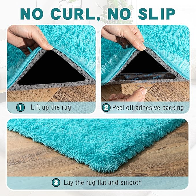 3x5 Area Rug for Bedroom, Soft Rugs for Living Room Nursery Kids Room Dorm Home Decor Aesthetic, Fluffy Shaggy Rug with 4 Anti-Slip Carpet Tapes, Teal Blue