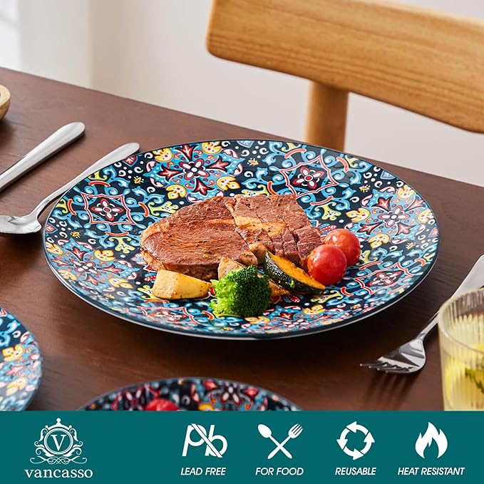 vancasso 12 Pieces Dinnerware Sets, Red Plates and Bowls Set, Porcelain Dishes Set for 4, Microwave and Dishwasher Safe, Scratch Resistant, Bohemian Style Dining Ware Service for 4, Series SIMI