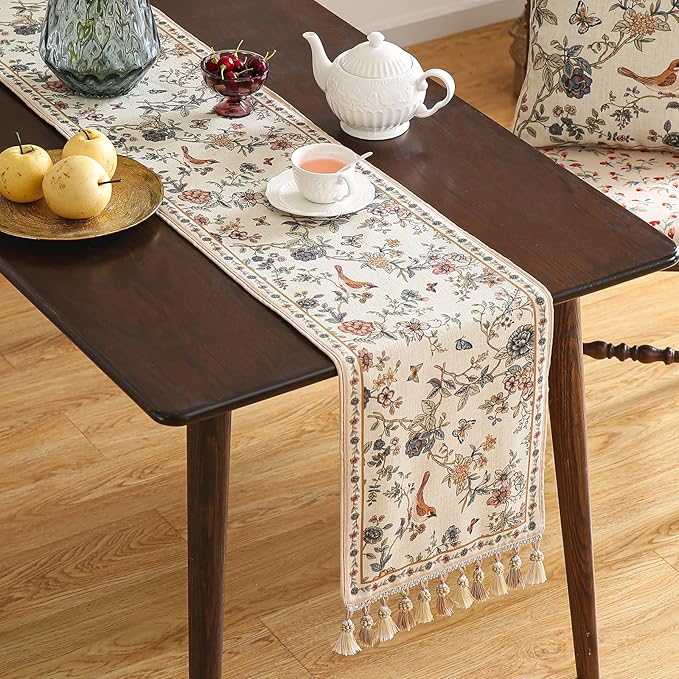 Designer Linen Table Runner 118 Inches Extra Long,Elegant Floral Bird Pattern Table Runners for Dining Room,Farmhouse Rustic Kitchen Decor,Thanksgiving,Christmas,12"*118"-Cornucopia