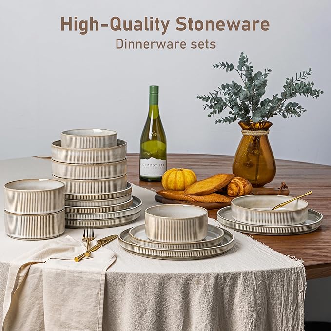 GBHOME Stoneware Dinnerware Sets for 6,Round Reactive Glaze Ceramic Plates and Bowls Set,Highly Scratch Resistant | Dishwasher & Microwave Safe Dishes Set,Service for 6(18Pcs)