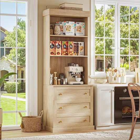 71" Farmhouse Kitchen Pantry Cabinet with Drawers, Brown Freestanding Coffee Bar Hutch with Microwave Stand, Large Storage Cabinet with Adjustable Shelves for Kitchen, Living Room