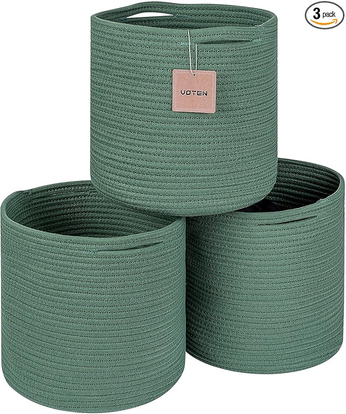 voten Storage Cubes Baskets Bins Organizer 11x11x11'' Fit 12x12''Cube Storage Organizer Bookcases Shelf,Durable Woven Cotton Storage Basket for Organizing,Round 3Pack Green