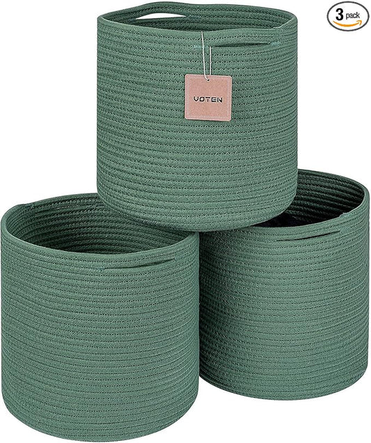 voten Storage Cubes Baskets Bins Organizer 11x11x11'' Fit 12x12''Cube Storage Organizer Bookcases Shelf,Durable Woven Cotton Storage Basket for Organizing,Round 3Pack Green