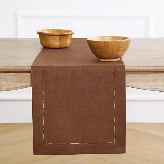 Solino Home Linen Brown Table Runner 60 Inches - Classic Hemstitch, 100% Pure Linen Coffee Table Runner 14 x 60 Inch Ideal for Dresser Tables, Fall, Autumn, Thanksgiving