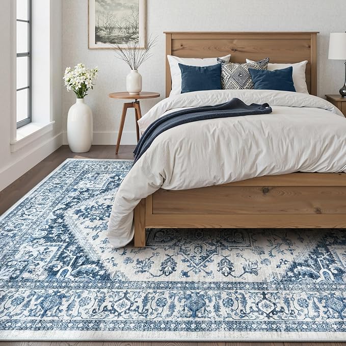 LIVEBOX Blue Washable Area Rug 8x10 - Large Vintage Tribal Living Room Rug Oriental for Bedroom, Non-Slip Retro Medallion Carpet Print Distressed for Dining Room Guest Office