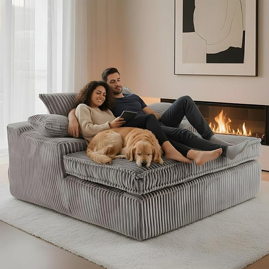 Oversized 67" Chaise Lounge Chair Indoor, Corduroy Upholstered Deep Seat Sofa Couch, Cloud-Soft Boneless Lounger, Comfy Reading Chairs for Living Room & Bedroom, No Assembly Required (Grey)