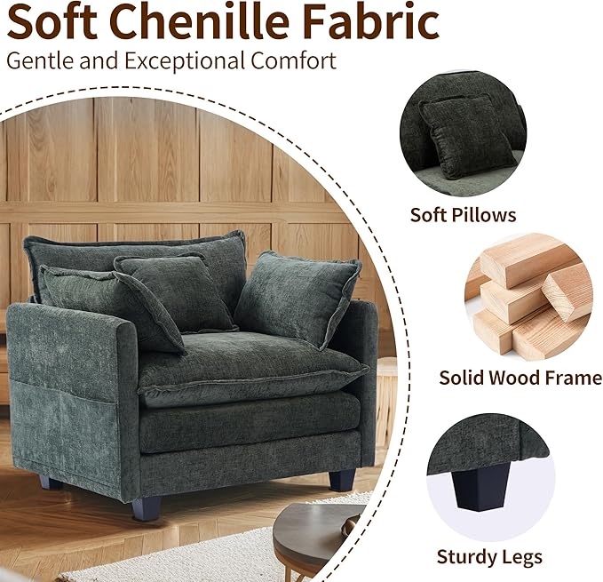 SweetGO corporation 40" Chenille Lounge Chair for Reading, Modern Couch Cozy Sofa Bed, Upholstered Living Room Single Sofa Accent Chair with Ottoman, Green