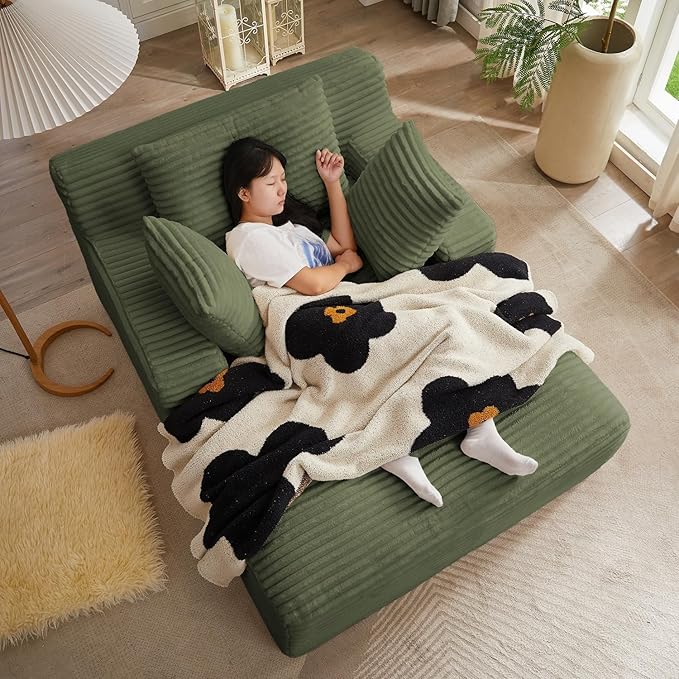 Oversized Chaise Lounge, Corduroy Sofa Bed Chair Indoor with Throw Pillows, Cozy Cloud Couch, Upholstered Sleeper Sofa Couch for Living Room, Bedroom, Apartment, Green