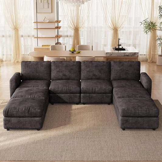 8-Seat Modular Sectional Sofa with 4 Storage Ottomans, Oversized Deep L-Shaped Couch for Living Room, Grey Velvet Family Sofa Set, Modern Apartment Loveseat Sleeper Bed with Extra Comfy Seating