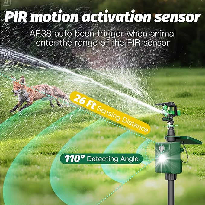 Motion Activated Animal Repeller with Water Sprinkler and Flashing Light, Solar Powerd Deer Cat Repellent Outdoor Deer Deterrent - Keep Rabbits Shunks Dog Raccoons Birds Away from Lawn and Garden