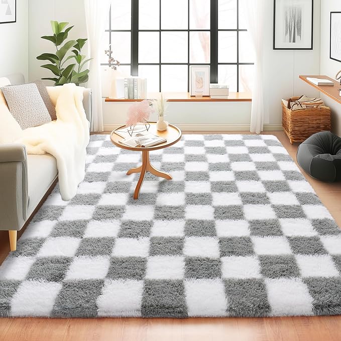 Checkered Rugs for Bedroom, White and Grey Ultra Fluffy Fuzzy Shag Area Rug for Living Room 5x7, Modern Plush Soft Upgrade Non-Slip Carpet for Kids Girls and Boys Room Dorm Nursery Home Decor