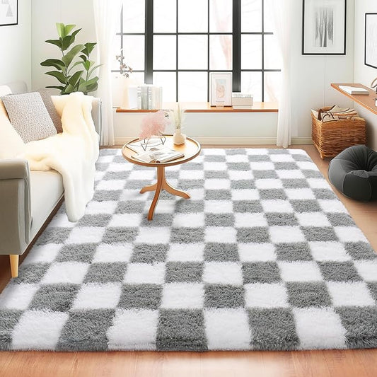 Checkered Rugs for Bedroom, White and Grey Ultra Fluffy Fuzzy Shag Area Rug for Living Room 5x7, Modern Plush Soft Upgrade Non-Slip Carpet for Kids Girls and Boys Room Dorm Nursery Home Decor
