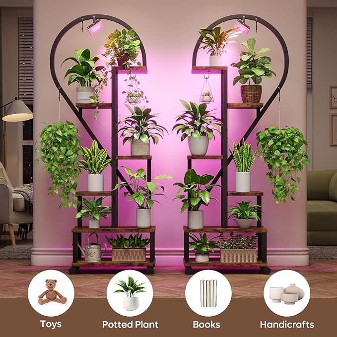 Bestier Plant Stand Indoor with Grow Lights, 6 Tiered Metal Plant Shelf for Indoor Plants Multiple, Half Heart Shape Plant Rack with Wheels, Large Brown Plant Holder for Home Patio Balcony (2 Pack)