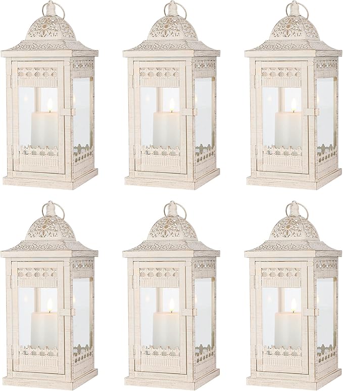 JHY DESIGN 6 Pack Decorative Candle Lanterns 14.5" High Vintage Style Hanging Lantern Metal Candleholder for Indoor Outdoor Events Parties and Weddings（Beige with Gold Brush）